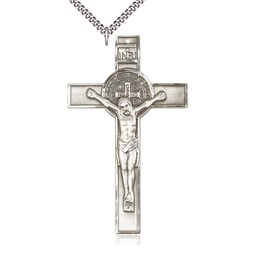 [5638SS/24S] Sterling Silver Saint Benedict Pendant on a 24 inch Light Rhodium Heavy Curb chain