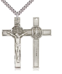 [5738SS/24S] Sterling Silver Saint Benedict Crucifix Pendant on a 24 inch Light Rhodium Heavy Curb chain