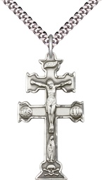 [6084SS/24S] Sterling Silver Caravaca Crucifix Pendant on a 24 inch Light Rhodium Heavy Curb chain