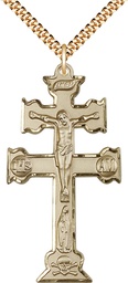 [6085GF/24G] 14kt Gold Filled Caravaca Crucifix Pendant on a 24 inch Gold Plate Heavy Curb chain