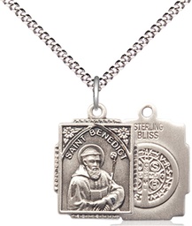 [0804BSS/18S] Sterling Silver Saint Benedict Pendant on a 18 inch Light Rhodium Light Curb chain