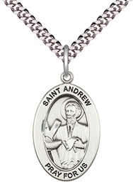 [11000SS/24S] Sterling Silver Saint Andrew the Apostle Pendant on a 24 inch Light Rhodium Heavy Curb chain