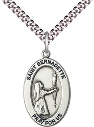 [11017SS/24S] Sterling Silver Saint Bernadette Pendant on a 24 inch Light Rhodium Heavy Curb chain