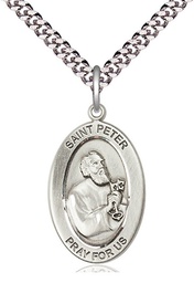 [11090SS/24S] Sterling Silver Saint Peter the Apostle Pendant on a 24 inch Light Rhodium Heavy Curb chain