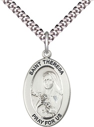 [11106SS/24S] Sterling Silver Saint Theresa Pendant on a 24 inch Light Rhodium Heavy Curb chain