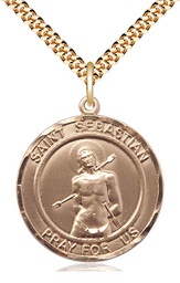 [0835GF/24G] 14kt Gold Filled Saint Sebastian Pendant on a 24 inch Gold Plate Heavy Curb chain