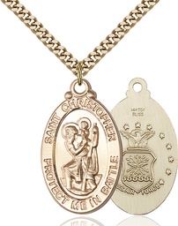 [1175GF1/24G] 14kt Gold Filled Saint Christopher Air Force Pendant on a 24 inch Gold Plate Heavy Curb chain