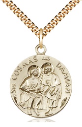[1368GF/24G] 14kt Gold Filled Saints Cosmas &amp; Damian Pendant on a 24 inch Gold Plate Heavy Curb chain