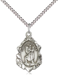 [0822CSS/18S] Sterling Silver Saint Christopher Pendant on a 18 inch Light Rhodium Light Curb chain