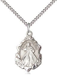 [0822DMSS/18S] Sterling Silver Divine Mercy Pendant on a 18 inch Light Rhodium Light Curb chain
