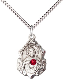 [0822SSS-STN7/18S] Sterling Silver Scapular w/ Ruby Stone Pendant with a 3mm Ruby Swarovski stone on a 18 inch Light Rhodium Light Curb chain