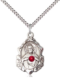 [0822SSS-STN7/18S] Sterling Silver Scapular w/ Ruby Stone Pendant with a 3mm Ruby Swarovski stone on a 18 inch Light Rhodium Light Curb chain