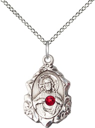 [0822SSS-STN7/18SS] Sterling Silver Scapular w/ Ruby Stone Pendant with a 3mm Ruby Swarovski stone on a 18 inch Sterling Silver Light Curb chain