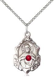 [0822SSS-STN7/18SS] Sterling Silver Scapular w/ Ruby Stone Pendant with a 3mm Ruby Swarovski stone on a 18 inch Sterling Silver Light Curb chain
