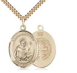 [7008GF/24G] 14kt Gold Filled Saint Benedict Pendant on a 24 inch Gold Plate Heavy Curb chain