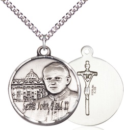 [1013SS/24SS] Sterling Silver Saint John Paul II Vatican Pendant on a 24 inch Sterling Silver Heavy Curb chain