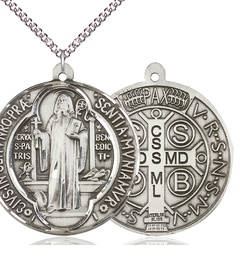 [1057SS/24SS] Sterling Silver Saint Benedict Pendant on a 24 inch Sterling Silver Heavy Curb chain