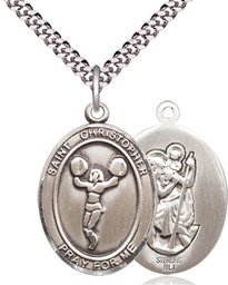 [7140SS/24S] Sterling Silver Saint Christopher Cheerleading Pendant on a 24 inch Light Rhodium Heavy Curb chain