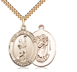[7144GF/24G] 14kt Gold Filled Saint Christopher Lacrosse Pendant on a 24 inch Gold Plate Heavy Curb chain