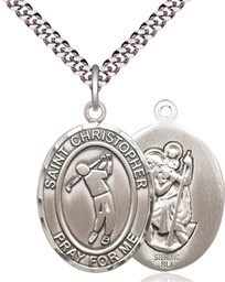 [7152SS/24S] Sterling Silver Saint Christopher Golf Pendant on a 24 inch Light Rhodium Heavy Curb chain