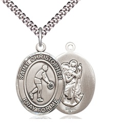 [7153SS/24S] Sterling Silver Saint Christopher Basketball Pendant on a 24 inch Light Rhodium Heavy Curb chain