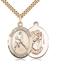 [7155GF/24G] 14kt Gold Filled Saint Christopher Ice Hockey Pendant on a 24 inch Gold Plate Heavy Curb chain