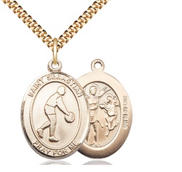 [7163GF/24G] 14kt Gold Filled Saint Sebastian Basketball Pendant on a 24 inch Gold Plate Heavy Curb chain