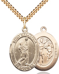 [7174GF/24G] 14kt Gold Filled Saint Sebastian Lacrosse Pendant on a 24 inch Gold Plate Heavy Curb chain