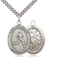 [7176SS/24S] Sterling Silver Saint Sebastian Track and Field Pendant on a 24 inch Light Rhodium Heavy Curb chain