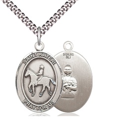[7182SS/24S] Sterling Silver Saint Kateri Equestrian Pendant on a 24 inch Light Rhodium Heavy Curb chain
