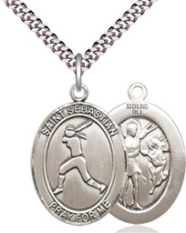 [7183SS/24S] Sterling Silver Saint Sebastian  Softball Pendant on a 24 inch Light Rhodium Heavy Curb chain