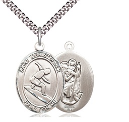 [7184SS/24S] Sterling Silver Saint Christopher Surfing Pendant on a 24 inch Light Rhodium Heavy Curb chain
