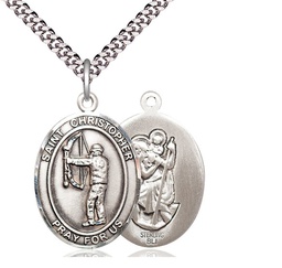 [7190SS/24S] Sterling Silver Saint Christopher Archery Pendant on a 24 inch Light Rhodium Heavy Curb chain