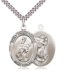[7192SS/24S] Sterling Silver Saint Christopher Rodeo Pendant on a 24 inch Light Rhodium Heavy Curb chain