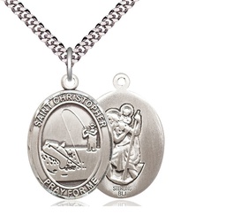 [7196SS/24S] Sterling Silver Saint Christopher Fishing Pendant on a 24 inch Light Rhodium Heavy Curb chain