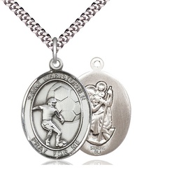 [7503SS/24S] Sterling Silver Saint Christopher Soccer Pendant on a 24 inch Light Rhodium Heavy Curb chain