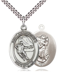 [7504SS/24S] Sterling Silver Saint Christopher Hockey Pendant on a 24 inch Light Rhodium Heavy Curb chain