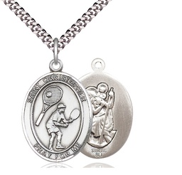 [7505SS/24S] Sterling Silver Saint Christopher Tennis Pendant on a 24 inch Light Rhodium Heavy Curb chain