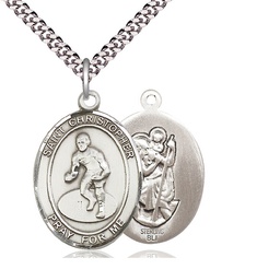 [7508SS/24S] Sterling Silver Saint Christopher Wrestling Pendant on a 24 inch Light Rhodium Heavy Curb chain