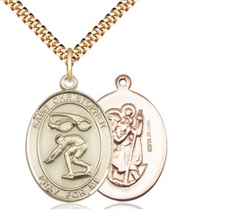 [7511GF/24G] 14kt Gold Filled Saint Christopher Swimming Pendant on a 24 inch Gold Plate Heavy Curb chain