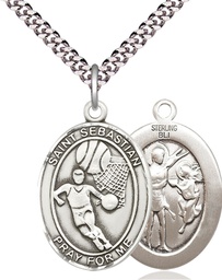 [7602SS/24S] Sterling Silver Saint Sebastian Basketball Pendant on a 24 inch Light Rhodium Heavy Curb chain