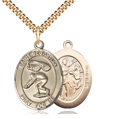 [7611GF/24G] 14kt Gold Filled Saint Sebastian Swimming Pendant on a 24 inch Gold Plate Heavy Curb chain