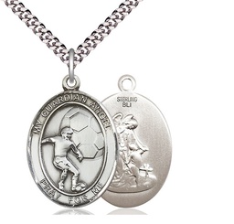 [7703SS/24S] Sterling Silver Guardian Angel Soccer Pendant on a 24 inch Light Rhodium Heavy Curb chain