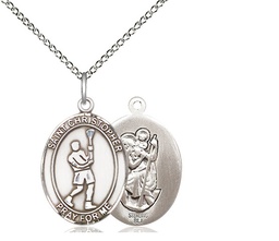 [8144SS/18SS] Sterling Silver Saint Christopher Lacrosse Pendant on a 18 inch Sterling Silver Light Curb chain