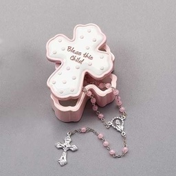 [RO-22327] .75"H Bless this Child Pink Box W/Rosary
