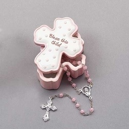 [RO-22327] .75&quot;H Bless this Child Pink Box W/Rosary