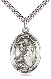 [7377SS/24S] Sterling Silver Saint Rocco Pendant on a 24 inch Light Rhodium Heavy Curb chain