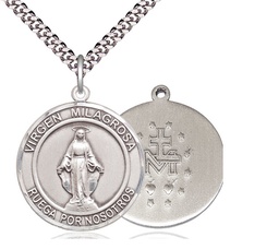 [7078RDSPSS/24S] Sterling Silver Virgen Milagrosa Pendant on a 24 inch Light Rhodium Heavy Curb chain