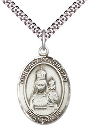 [7082SS/24S] Sterling Silver Our Lady of Loretto Pendant on a 24 inch Light Rhodium Heavy Curb chain