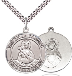 [7243RDSPSS/24S] Sterling Silver Virgen del Carmen Pendant on a 24 inch Light Rhodium Heavy Curb chain